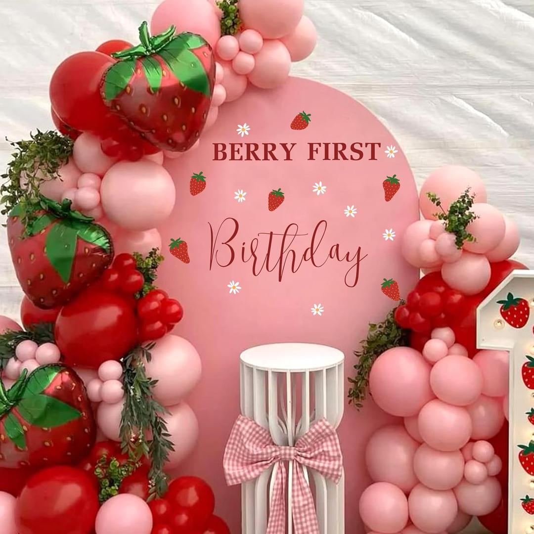Berry First Birthday Backdrop Wall Sticker, Pink Strawberry Theme Party Decoration with Balloon Arch Sticker, Baby Girls Photo Background Decorate