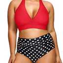 High Waisted Two Piece Plus Size Halter Bikini Swimsuits For Curvy Women-Red Dot, 20W