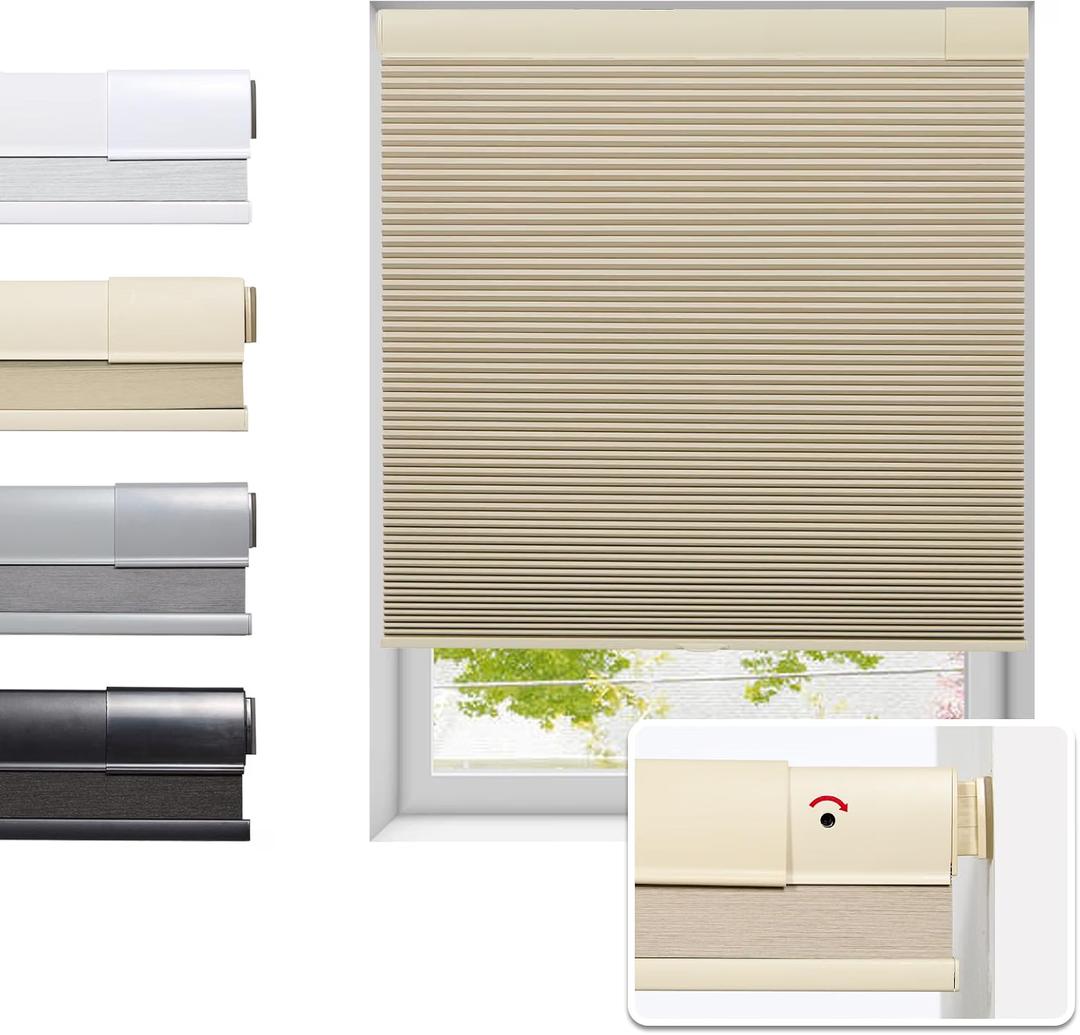Tonature No Drill Cellular Shades for Indoor Windows, Thermal Insulating & Noise Reducing Honeycomb Blinds, Free Stop Cordless Blackout Shades, Beige, 35" W x 64" H