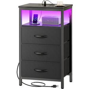 Huuger Night Stand with Charger Station and LED Lights, 3 Drawer Nightstand, Bed Side Table with Open Shelf, End Table, Tall Fabric Dresser for Bedroom, Black (11.8"D x 15.7"W x 27.6"H3 Drawers)