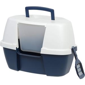 IRIS USA Corner Cat Litter Box Enclosure with Scoop, Small Cat Litter Box with Lid, Corner Litter Box Enclosure for Kittens to Medium Sized Cats, Odor Defensive Hooded Litter Tray, Navy/White