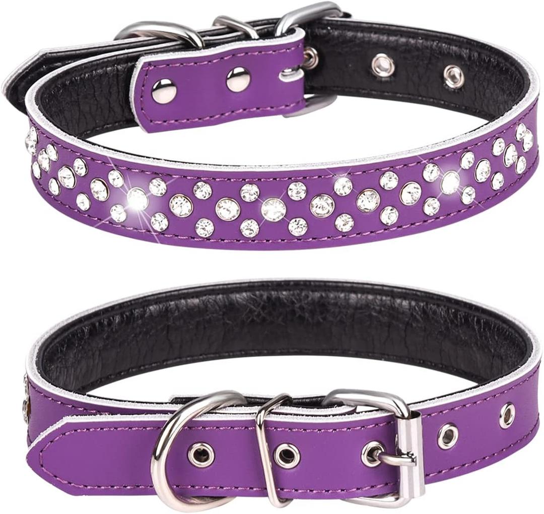 Rhinestones Dog Collar, Adjustable Sparkly Crystal Studded Genuine Leather Pet Dog Collar for Small and Medium Breeds (M fit Neck 12-15", Purple)