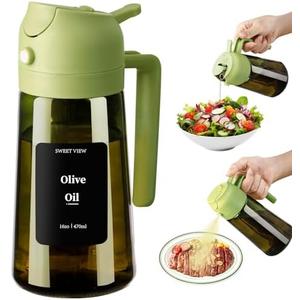 SWEET VIEW Olive Oil Dispenser and Oil Sprayer – 16oz/470ml Glass Light-Proof Oil Pourer for Kitchen, Air Fryer, Cooking, Salad, and BBQ