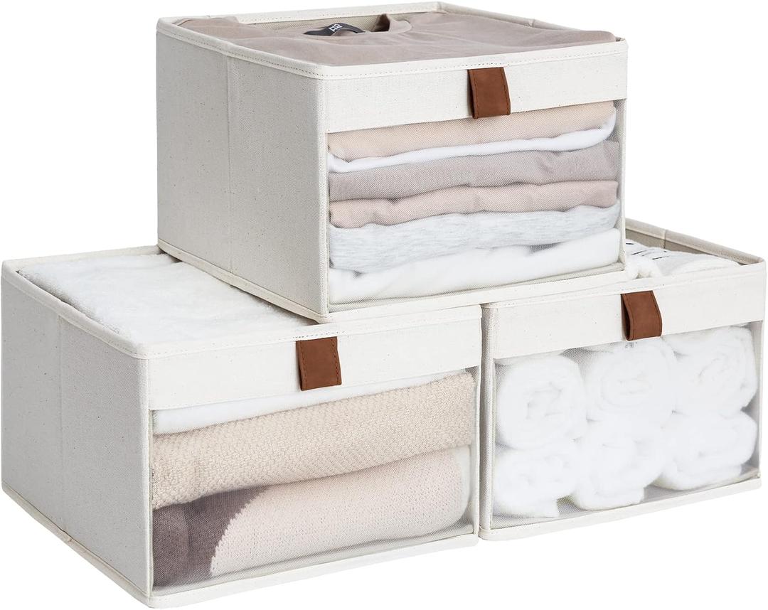 StorageWorks Closet Storage Bins, Storage Baskets with Clear Window and Handles, Foldable Fabric Organizer for Clothes, Shelves, Beige, 3 Pack