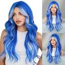 Blue Platinum Blonde Highlight Long Wavy Wig with Curtain Bang 26 Inch Ombre Blue Blonde Wig Synthetic Heat Resistant for Women Daily Party used.