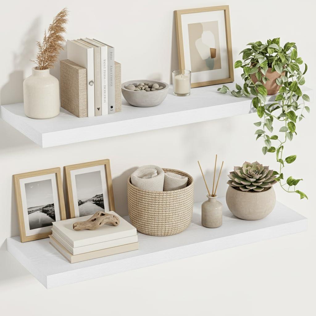 White Floating Shelves 12 Inches Deep, 36 X 12 Inch, Set of 2, 35.4”wx12”dx1.5”h