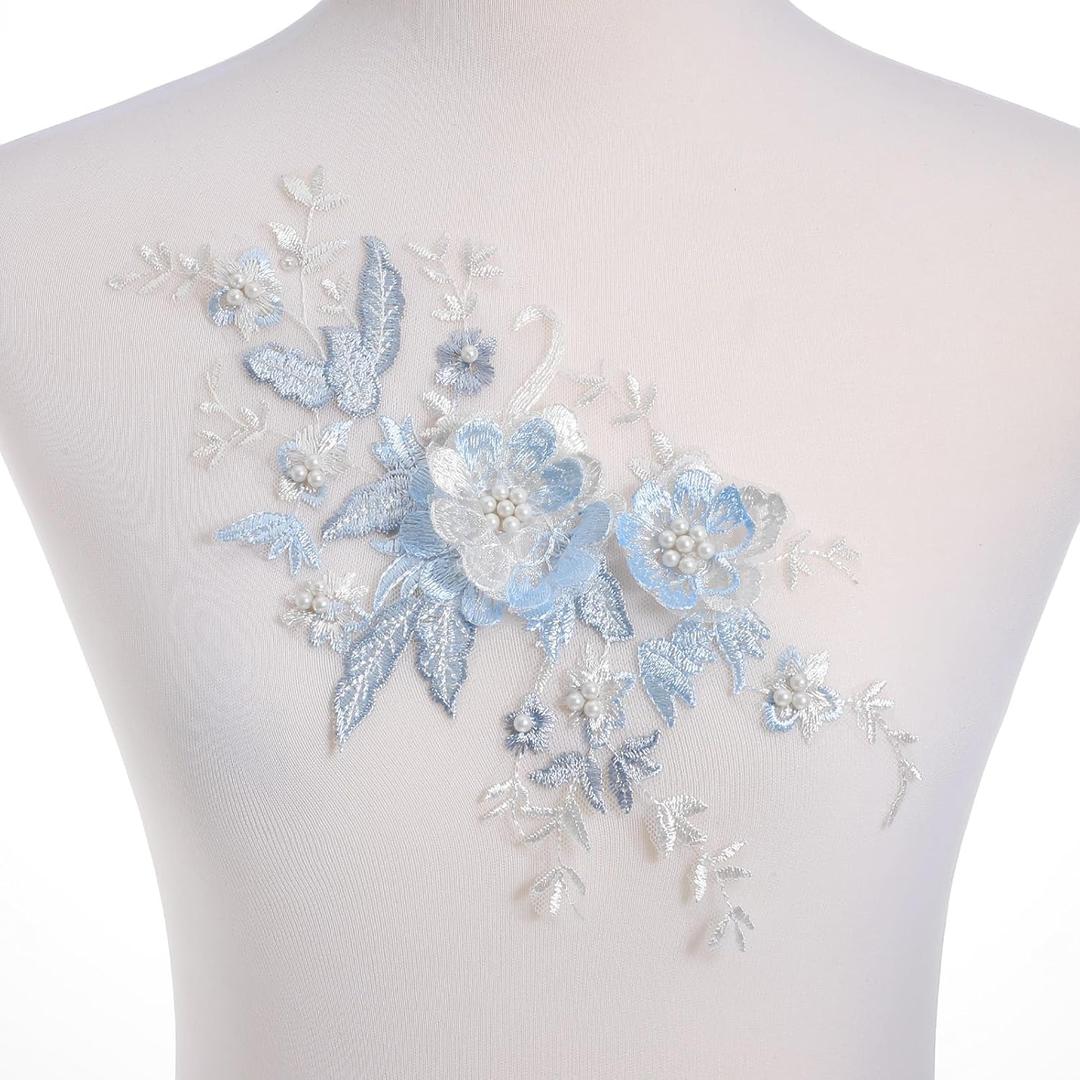 Flower Beaded Lace Applique - 3D Embroidery Fabric Pearl Embroidered Patch Handmade Sewing Tool for Wedding Bridal Dresses DIY Neckline Bodice Pants (Blue)