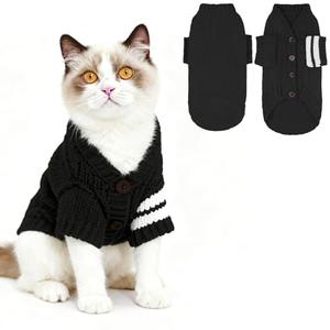 EXPAWLORER Cat Sweater Cardigan - Stylish Knitted Cat Clothes, British Style Soft Puppy Sweater with Sleeve Warm Pet Clothing Knitwear, Fall and Winter Kitten Coat for Girl Boy Cats, Black, Size: Medium