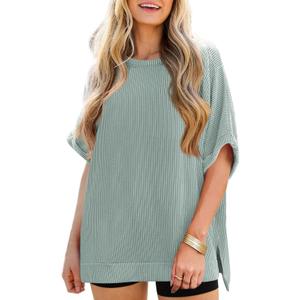 Tankaneo Womens Oversized T Shirts Summer Casual Ribbed Batwing Short Sleeve Tunic Tops Loose Fit Dolman Sleeve Tees (Green, XL)