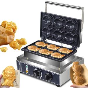 Commercial Taiyaki Fish Waffle Maker Machine,1600W Non-stick Electric Japanese Fish Shaped Waffle Cones, Stainless Steel Professional Taiyaki Machine,Making 6 Mini Closed-Mouth Fish waffles 110V