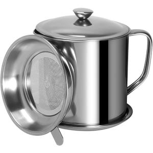 Tellshun Bacon Grease Container with Strainer 1.25 L / 42 oz Strong Kitchen Catcher Food-grade Stainless Steel Cooking Oil Keeper with Lid and Easy-Grip Handle Suitable for Storing Frying Oil