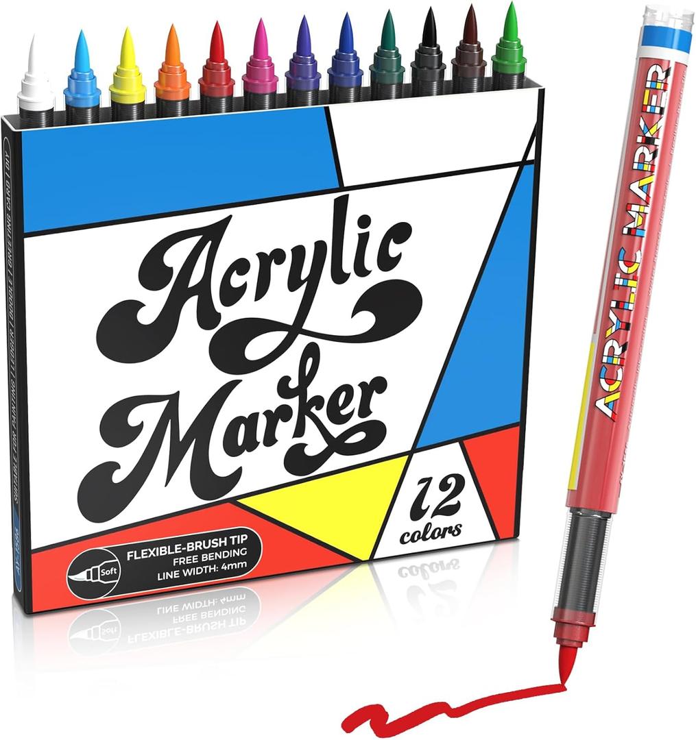 Acrylic Paint Markers, 12 Color Fine Tip Permanent Acrylic Paint Pens For Rock Painting, Canvas, Wood, Glass, Ceramic, Fabric, Plastic, Egg, Scrapbook, Art Painting Supplies Kit