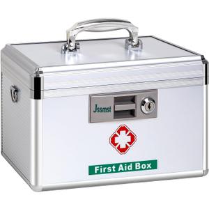 Jssmst Medication Lock Box with Key, Medicine Lock Box for Medication Storage, First Aid Box Locked Medicine Case, Key Safe Locking Box for Drugs Use, 12 x 7.4 x 8.1 inches, Silver