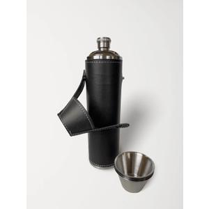 12oz Black Flask with 4 Shot Glasses in Cap  Stainless Steel with Waterproof Leather Case, Leakproof, Reusable, Travel