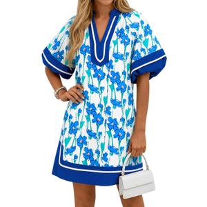 Wenrine Womens Summer Puff Sleeve Casual V Neck Mini Boho Floral Dresses (Blue)