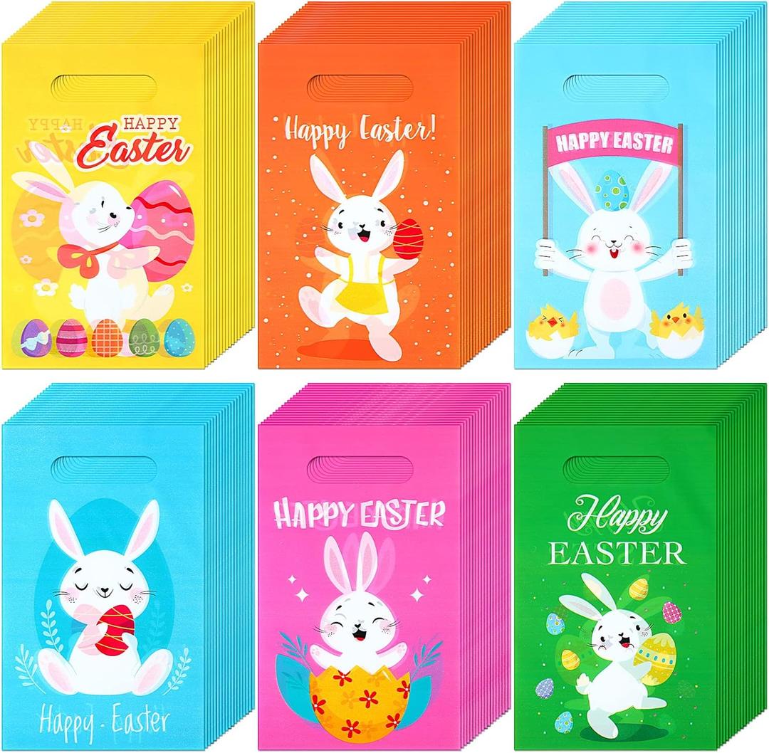 Crtiin 480 Pieces Plastic Easter Gift Bags Large Plastic Tote Easter Candy Goodie Gift with Handles Hunt Bags for Party Favor Supplies, 6 Designs