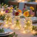 3 Glass Bud Vases 6.5 H, Mason Jars with 3 Fake Eucalyptus Centerpiece Vases with Hemp Rope for Weddings Parties Farmhouse Decor