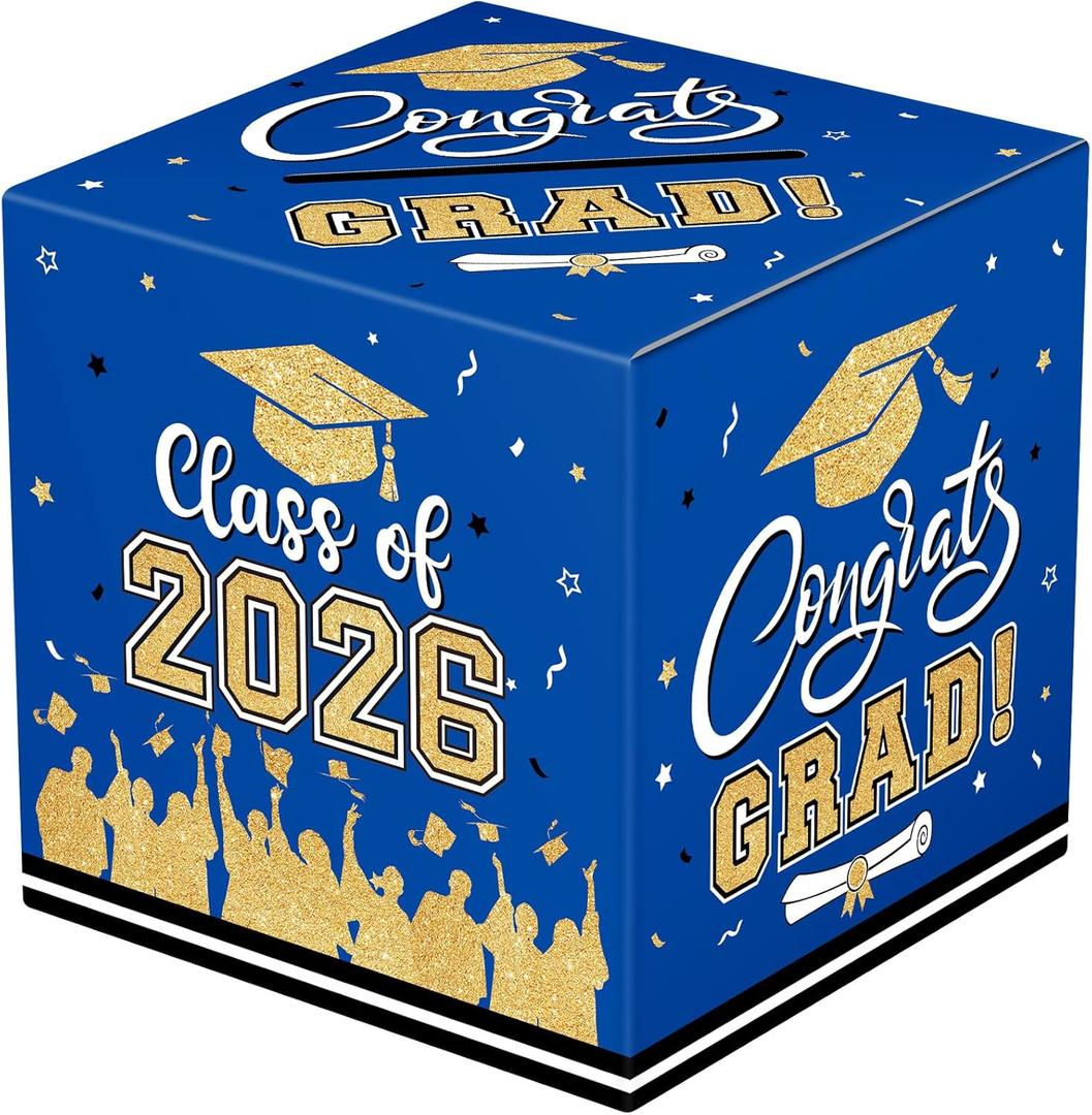 Graduation Card Box 2026 - Congrats Grad Card Boxes Holder, Blue and Gold Class of 2026 Graduation Gift Cards Box for Graduation Party Decorations 2026 Favors Decor Supplies Props,9x 9 x 9 inches