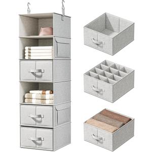 Vailando 6-Shelf Hanging Closet Organizer with 3 Drawers, Closet Hanging Shelves with Removable Fabric Drawers for Wardrobe, Nursery & Dorm Storage, Silver Gray, 6-Shelf Inseparable