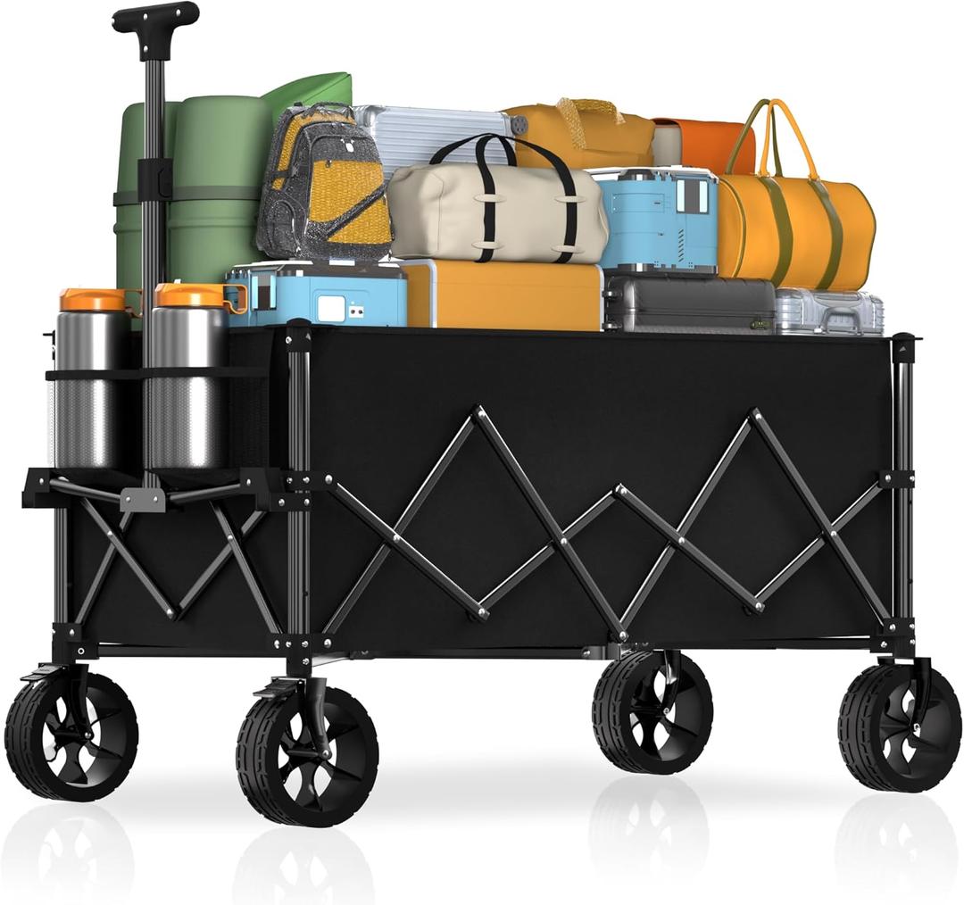 7.8 cu ft Extra Large Wagons Carts Foldable with 360lbs Weight Capacity Heavy Duty Beach Wagon with Big Wheels for Sand All Terrain Collapsible Folding Utility for Camping, Garden, Sports, Shopping (Black)