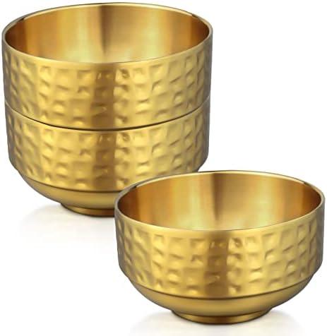 3 Pcs 4.5 In Gold 304 Stainless Steel Bowls Small, 13Oz Double Walled Soup Bowls, Thick Non Slip Appetizer Snack Bowls, Small Metal Serving Bowls for Sauces, Rice, Noodles, Ice Cream, Oat (3 pcs)