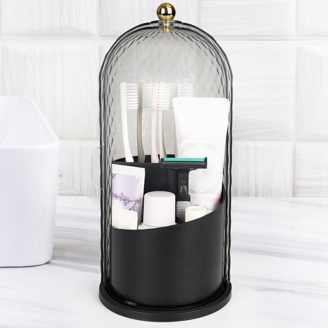 QIYVLOS Toothbrush Holders with Sliding Lid, Rotating 3 Slots Bathroom Organizer Countertop, Tooth Brush Toothpaste Holder Bathroom Counter Stand Caddy for Vanity Makeup Brushes Holder (Black)