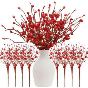 Lyrow 8 Pack Valentine's Day Artificial Glitter Berry Flower Stems Heart Shaped Berry Picks 16 Inch Stems Valentine's Day Gifts Flower for Party Wedding Decor(Red)