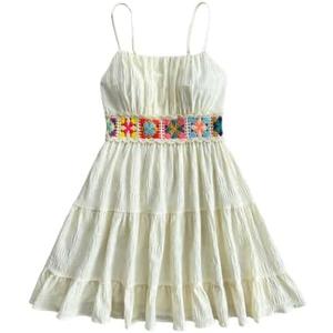 RoseSeek Girl's Floral Embroidery Tiered Summer Dress Sleeveless Ruffle A Line Flowy Short Dress Sundress 15Y