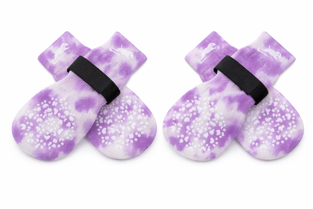 EXPAWLORER Anti Slip Dog Socks to Prevent Licking Paws, Dog Shoes for Hot Pavement, Dog Booties for Small Medium Large Senior Dogs, Traction Control Boots & Paw Protectors for Hardwood Floors, Large, 4 Count, Purple and White