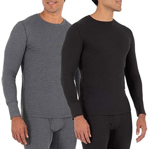 Fruit of the Loom Men's 2-Pack Recycled Waffle Thermal Underwear Crew Top, Black/Greystone Heather, Medium
