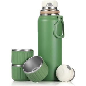 750ml/27 OZ Coffee Thermo with 3 cups, Insulated Water Bottle, Stainless Steel Vacuum Flask Set for Hot and Cold Drinks, Gifts Box (Grass Green)