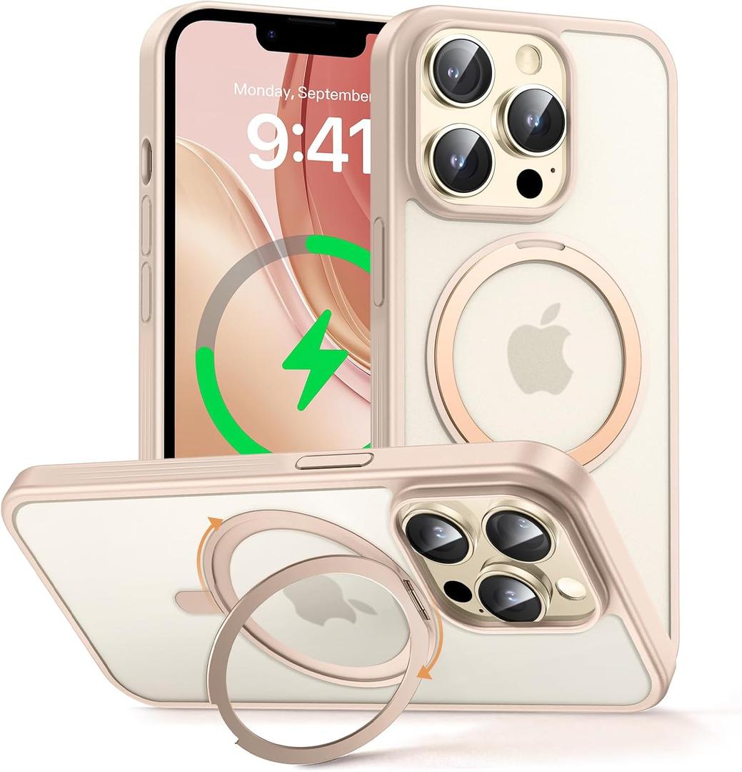 MAGIC JOHN 360 Rotatable Magnetic Invisible Stand for iPhone 14 Pro Case [Anti-Slip Grip] [Compatible with MagSafe] 16FT Shockproof for iPhone 14 Pro Case with Kickstand, Rose Gold