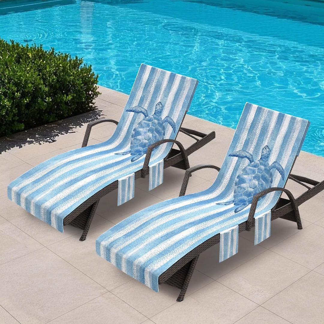 AELS Lounge Chair Towel Cover, Pack of 2 - Microfiber Beach Towels with Pockets, Fits Outdoor Garden Beach Hotel Pool Chairs, Non-Slip & Portable Design, 85" X 30", Sea Turtle Blue Stripe