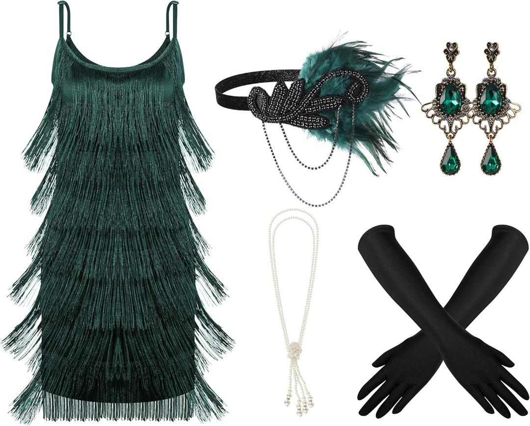 Zhanmai 6 Pcs Flapper Dress Flapper Costumes for Women 1920s Accessories Set Headband Pearl Necklace Earrings Gloves Stick (Small, Dark Green)