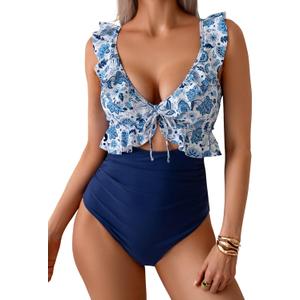 Eomenie One Piece Swimsuit for Women Tummy Control Ruffle Bathing Suit V Neck Ruched Swim Suit Slimming Cutout Swimwear (Small, Blue Floral)
