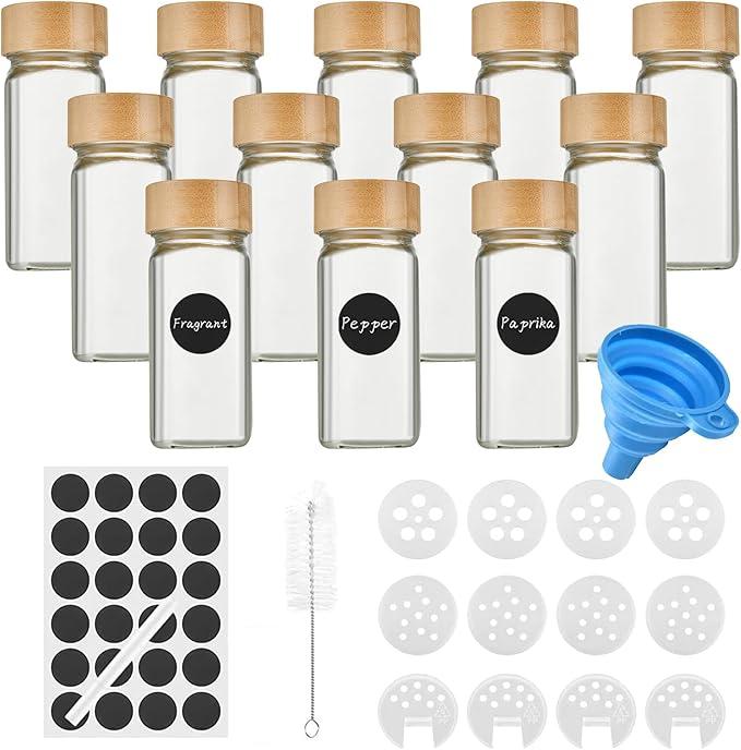 Set of 36 Square Spice Jars With Bamboo Lid 120 ml Glass Shaker Storage Jars Kitchen With Funnel Stickers Cleaning Brush