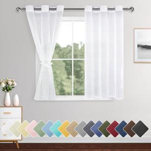 XWZO White Faux Linen Sheer Curtains, Light Filtering, Airy & Breathable Voile Window Curtains with Tiebacks for Kids Room, Farmhouse, Kitchen, 42 x 45 Inches Length, Set of 2 Panels