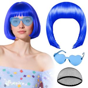 PLULON Royal Blue Bob Wig with Heart Sunglasses and Hair Cap, Colorful Short Bob Wigs Synthetic Party Wigs Funny Cosplay Hairpieces for Women Men Neon Bachelorette Halloween Costume Party Decorations