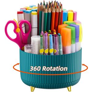 Marbrasse Desk Organizer, 360-Degree Rotating Pen Holder, Desk Organizers and Accessories with 5 Compartments Pencil Organizer, Art Supply Storage Box Caddy for Office, HomeGreen