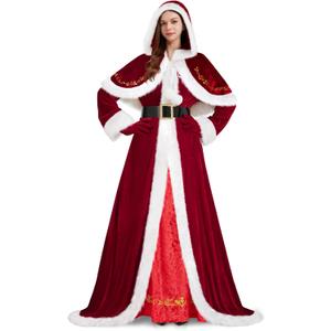 4 Pieces Mrs Claus Costume for Women, Adult Santa Costumes Claus Dress Christmas Outfit with Hooded Cape Gloves Belt (XX-Large)
