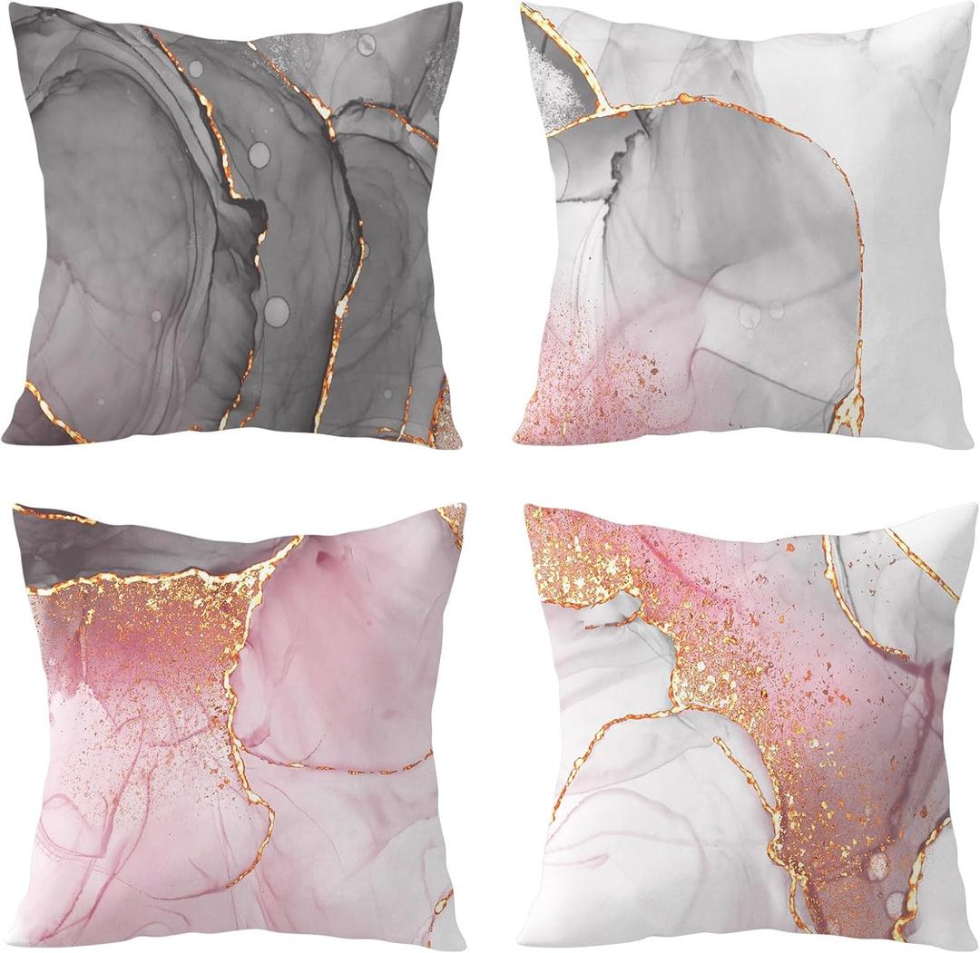HVEST Pink Marble Pillow Covers 18x18 Set of 4, Gold Grey and White Abstract Marble Textured Throw Pillow Covers Modern Minimalist Decorative Pillows for Home Bed Couch Sofa Decor Pillowcase