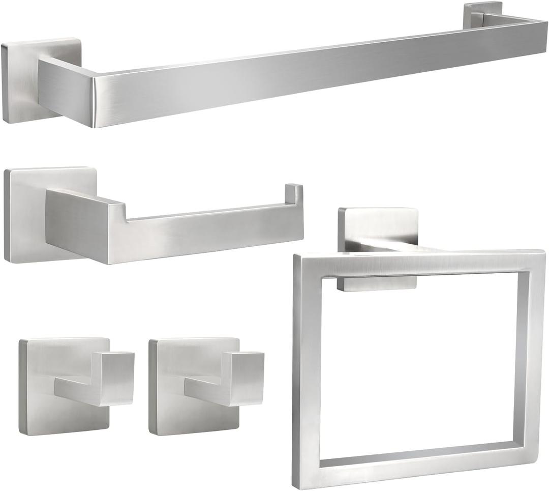 5pcs Bathroom Hardware Set, 24in Towel Bar Set, Including Square Towel Bar Square Towel Ring Toilet Paper Holder Towel Hooks, Set SUS304 Stainless Steel, Wall Mounted (Brushed Nickel)