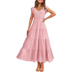 PRETTYGARDEN Women's Summer Flowy Maxi Dress Casual Cap Sleeve V Neck Smocked Beach Sundress,Small