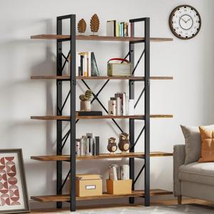 DWVO 5 Tier Bookshelf, 70.9" H Tall Bookcase Industrial Book Shelf Vintage Storage Organizer, Free Standing Storage Shelving Unit for Living Room, Bedroom, Home Office, Rustic Brown