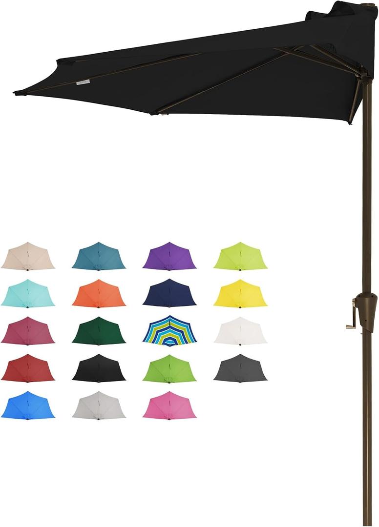 JEAREY 9ft Half Umbrella Outdoor Patio Umbrella Market Umbrellas with Crank, 1/2 Round Wall Umbrella 5 Sturdy Ribs UV Protection for Pool Garden Balcony Deck, Black