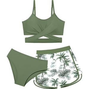 Girls Swimsuit 3 Piece Bathing Suit Criss Cross Bikini Set Girls' Swimwear with Shorts 7-16T (13-14 Years, Green)