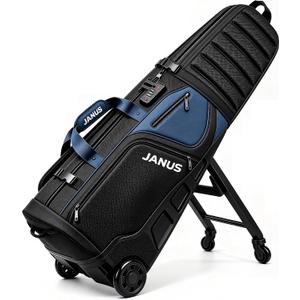 JANUS Driver Series Golf Travel Bag with Wheels for Airlines, Built-In TSA Lock, Raised-Rib Clubhead Impact Protection, Rigid-Base One-Step Hands-Free 4-Wheel System, Fits Most 14-Way Cart Bags, One Size