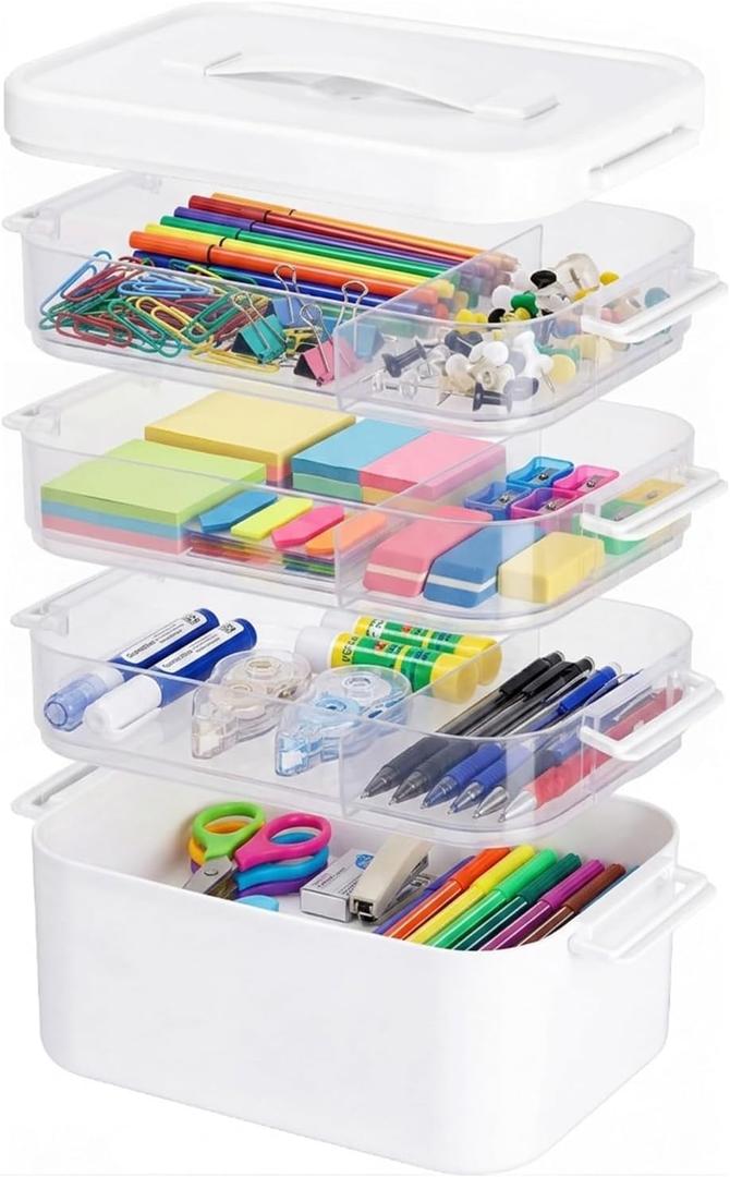 4-Layer Plastic Craft Storage Containers with Removable Trays,Multipurpose Craft Organizer and Storage Box with Lids and Handle,Clear Art Supply Storgae Organizer for Organizing Tool,Sewing,Bead