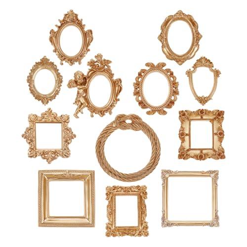 12Pcs Mini Gold Picture Frames,3-5" Vintage Resin Picture Frame,Flower Oval Rectangle Baroque Antique Gold Frames Jewelry Display Table Frame for Christmas Jewelry Home Wedding Holiday Party Decor