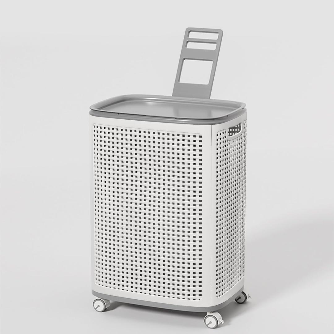 Sufdari 90L Laundry Basket with Wheels, Rolling Laundry Hamper with Lid and Handles, Plastic Rattan Clothes Organizer, Dirty Clothes Basket for Laundry Room, Bedroom, Dormitory Storage (White and Grey)